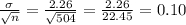 \frac{\sigma}{\sqrt{n}}=\frac{2.26}{\sqrt{504}}=\frac{2.26}{22.45}=0.10