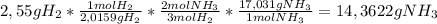 2,55gH_2* \frac{1 mol H_2}{2,0159 g H_2}* \frac{2 mol NH_3}{3 mol H_2}* \frac{17,031 g NH_3}{1 mol NH_3}=14,3622 g NH_3