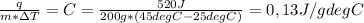 \frac{q}{m*\Delta T}= C= \frac{520 J}{200 g *(45 degC-25degC)}= 0,13 J/gdegC