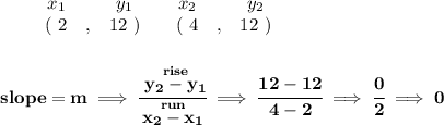 \bf \begin{array}{ccccccccc}&#10;&&x_1&&y_1&&x_2&&y_2\\&#10;%  (a,b)&#10;&&(~ 2 &,& 12~) &#10;%  (c,d)&#10;&&(~ 4 &,& 12~)&#10;\end{array}&#10;\\\\\\&#10;% slope  = m&#10;slope =  m\implies &#10;\cfrac{\stackrel{rise}{ y_2- y_1}}{\stackrel{run}{ x_2- x_1}}\implies \cfrac{12-12}{4-2}\implies \cfrac{0}{2}\implies 0