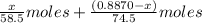 \frac{x}{58.5}moles+\frac{(0.8870-x)}{74.5}moles