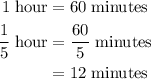 \begin{aligned}1\;\rm{hour}&=60\;\rm{minutes}\\\dfrac{1}{5}\;\rm{hour}&=\dfrac{60}{5}\;\rm{minutes}\\&=12\;\rm{minutes}\end{aligned}