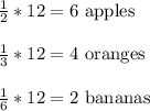 \frac{1}{2} *12=\text{6 apples}\\ \\\frac{1}{3} *12=\text{4 oranges}\\\\\frac{1}{6} *12=\text{2 bananas}\\