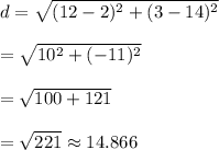 d=\sqrt{(12-2)^2+(3-14)^2}\\\\=\sqrt{10^2+(-11)^2}\\\\=\sqrt{100+121}\\\\=\sqrt{221}\approx 14.866
