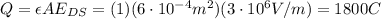 Q=\epsilon A E_{DS}= (1)(6\cdot 10^{-4}m^2)(3 \cdot 10^6 V/m)=1800 C