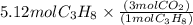 5.12mol C_3 H_8  \times \frac {(3mol CO_2)}{(1mol C_3 H_8 )}
