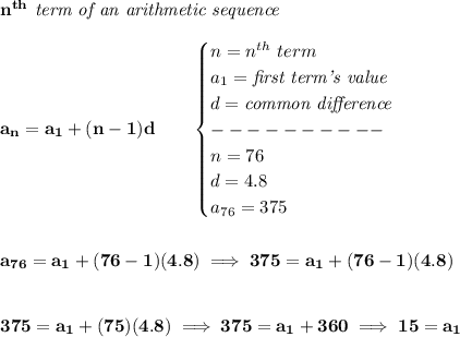 \bf n^{th}\textit{ term of an arithmetic sequence}\\\\&#10;a_n=a_1+(n-1)d\qquad &#10;\begin{cases}&#10;n=n^{th}\ term\\&#10;a_1=\textit{first term's value}\\&#10;d=\textit{common difference}\\&#10;----------\\&#10;n=76\\&#10;d=4.8\\&#10;a_{76}=375&#10;\end{cases}&#10;\\\\\\&#10;a_{76}=a_1+(76-1)(4.8)\implies 375=a_1+(76-1)(4.8)&#10;\\\\\\&#10;375=a_1+(75)(4.8)\implies 375=a_1+360\implies 15=a_1