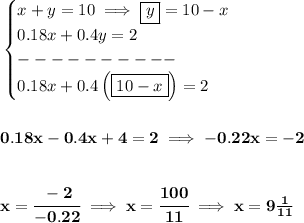\bf \begin{cases}&#10;x+y=10\implies \boxed{y}=10-x\\&#10;0.18x+0.4y=2\\&#10;----------\\&#10;0.18x+0.4\left( \boxed{10-x} \right)=2&#10;\end{cases}&#10;\\\\\\&#10;0.18x-0.4x+4=2\implies -0.22x=-2&#10;\\\\\\&#10;x=\cfrac{-2}{-0.22}\implies x=\cfrac{100}{11}\implies x=9\frac{1}{11}