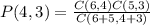 P(4,3)=\frac{C(6,4)C(5,3)}{C(6+5,4+3)}