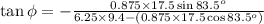 \tan\phi =- \frac{0.875\times 17.5\sin83.5^o}{6.25\times9.4-(0.875\times17.5\cos83.5^o)}