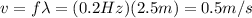 v=f \lambda = (0.2 Hz)(2.5 m)=0.5 m/s