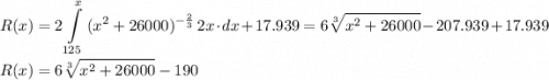 R(x)=\displaystyle2\int\limits^x_{125} {(x^2+26000)^{-\frac{2}{3}}} \, 2x\cdot dx+17.939 =6\sqrt[3]{x^2+26000}-207.939+17.939\\\\R(x)=6\sqrt[3]{x^2+26000}-190