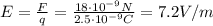E= \frac{F}{q}= \frac{18\cdot 10^{-9}N}{2.5\cdot 10^{-9}C}=7.2 V/m