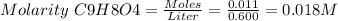 Molarity\ C9H8O4 = \frac{Moles}{Liter} = \frac{0.011}{0.600} =0.018M