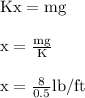 \rm Kx=mg\\\\ \rm x= \frac{mg}{K} \\\\ \rm x=\frac{8}{0.5} lb/ft