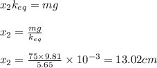 x_{2}k_{eq}=mg\\\\x_{2}=\frac{mg}{k_{eq}}\\\\x_{2}=\frac{75\times 9.81}{5.65}\times 10^{-3}=13.02cm
