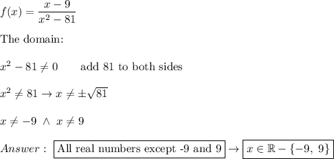 f(x)=\dfrac{x-9}{x^2-81}\\\\\text{The domain:}\\\\x^2-81\neq0\qquad\text{add 81 to both sides}\\\\x^2\neq81\to x\neq\pm\sqrt{81}\\\\x\neq-9\ \wedge\ x\neq9\\\\\ \boxed{\text{All real numbers except -9 and 9}}\to\boxed{x\in\mathbb{R}-\{-9,\ 9\}}