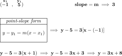 \bf (\stackrel{x_1}{-1}~,~\stackrel{y_1}{5})~\hspace{10em} slope = m\implies 3 \\\\\\ \begin{array}{|c|ll} \cline{1-1} \textit{point-slope form}\\ \cline{1-1} \\ y-y_1=m(x-x_1) \\\\ \cline{1-1} \end{array}\implies y-5=3[x-(-1)] \\\\\\ y-5=3(x+1)\implies y-5=3x+3\implies y=3x+8