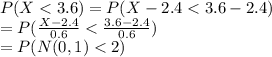 P(X< 3.6)=P(X-2.4< 3.6-2.4)\\=P(\frac{X-2.4}{0.6}< \frac{3.6-2.4}{0.6})\\=P(N(0,1)< 2)
