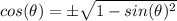 cos(\theta) = \pm \sqrt{1 - sin(\theta)^{2}}