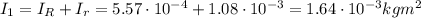 I_1=I_R+I_r = 5.57\cdot 10^{-4}+1.08\cdot 10^{-3}=1.64\cdot 10^{-3}kg m^2