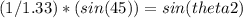 (1/1.33)*(sin(45))=sin(theta2)