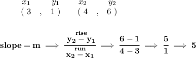 \bf \begin{array}{ccccccccc}&#10;&&x_1&&y_1&&x_2&&y_2\\&#10;%  (a,b)&#10;&&(~ 3 &,& 1~) &#10;%  (c,d)&#10;&&(~ 4 &,& 6~)&#10;\end{array}&#10;\\\\\\&#10;% slope  = m&#10;slope =  m\implies &#10;\cfrac{\stackrel{rise}{ y_2- y_1}}{\stackrel{run}{ x_2- x_1}}\implies \cfrac{6-1}{4-3}\implies \cfrac{5}{1}\implies 5