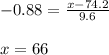 -0.88=\frac{x-74.2}{9.6}\\\\ x = 66