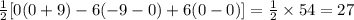 \frac{1}{2}[0(0+9)-6(-9-0)+6(0-0)]=\frac{1}{2}\times 54=27