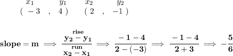 \bf \begin{array}{ccccccccc}&#10;&&x_1&&y_1&&x_2&&y_2\\&#10;%  (a,b)&#10;&&(~ -3 &,& 4~) &#10;%  (c,d)&#10;&&(~ 2 &,& -1~)&#10;\end{array}&#10;\\\\\\&#10;% slope  = m&#10;slope =  m\implies &#10;\cfrac{\stackrel{rise}{ y_2- y_1}}{\stackrel{run}{ x_2- x_1}}\implies \cfrac{-1-4}{2-(-3)}\implies \cfrac{-1-4}{2+3}\implies -\cfrac{5}{6}