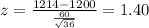 z=\frac{1214-1200}{\frac{60}{\sqrt{36} } }=1.40