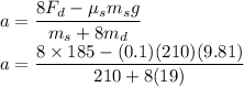 a=\dfrac{8F_d-\mu_sm_sg}{m_s+8m_d}\\a=\dfrac{8\times 185-(0.1)(210)(9.81)}{210+8(19)}