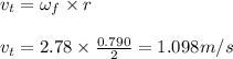 v_{t}=\omega _{f}\times r\\\\v_{t}=2.78\times\frac{0.790}{2}=1.098m/s