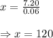 x=\frac{7.20}{0.06}\\\\\Rightarrow x=120