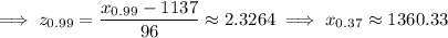 \implies z_{0.99}=\dfrac{x_{0.99}-1137}{96}\approx2.3264\implies x_{0.37}\approx1360.33