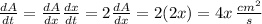 \frac{dA}{dt} = \frac{dA}{dx}  \frac{dx}{dt} =2 \frac{dA}{dx} =2(2x)=4x \,  \frac{cm^{2}}{s}