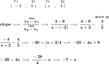 \bf \begin{array}{ccccccccc}&#10;&&x_1&&y_1&&x_2&&y_2\\&#10;%  (a,b)&#10;&&(~ -2 &,& 8~) &#10;%  (c,d)&#10;&&(~ x &,& 4~)&#10;\end{array}&#10;\\\\\\&#10;% slope  = m&#10;slope \implies &#10;\cfrac{\stackrel{rise}{ y_2- y_1}}{\stackrel{run}{ x_2- x_1}}\implies \cfrac{4-8}{x-(-2)}\implies \cfrac{4-8}{x+2}=\stackrel{given~\underline{m}}{\cfrac{4}{5}}&#10;\\\\\\&#10;\cfrac{-4}{x+2}=\cfrac{4}{5}\implies -20=(x+2)4\implies -20=4x+8&#10;\\\\\\&#10;-28=4x\implies \cfrac{-28}{4}=x\implies -7=x