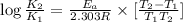\log \frac{K_2}{K_1}=\frac{E_a}{2.303R}\times [\frac{T_2-T_1}{T_1T_2}]