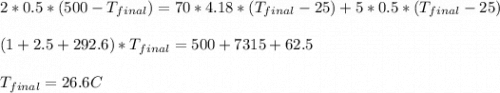 2*0.5*(500 - T_{final})= 70*4.18*(T_{final} - 25) + 5*0.5*(T_{final} - 25)\\\\(1+2.5+292.6)*T_{final} = 500+7315+62.5\\\\T_{final} = 26.6C
