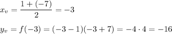 x_v=\dfrac{1+(-7)}{2}=-3\\ \\y_v=f(-3)=(-3-1)(-3+7)=-4\cdot 4=-16