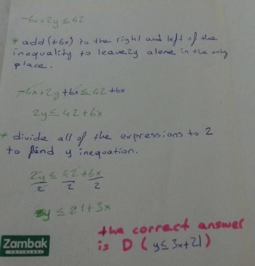 Write the following inequality in slope-intercept form. –6x + 2y ≤ 42 y ≥ 3x + 21 y ≥ 3x – 21 y ≤ 3x