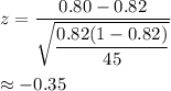 z=\dfrac{0.80-0.82}{\sqrt{\dfrac{0.82(1-0.82)}{45}}}\\\\\approx-0.35