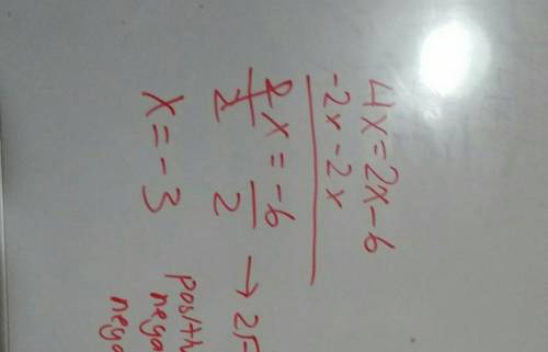 M< 1= 4x and m< 2= 2x-6 4x=2x-6 what is the value of x?