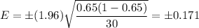 E= \pm(1.96)\sqrt{\dfrac{0.65(1-0.65)}{30}}=\pm0.171