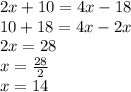 2x+10=4x-18\\10+18=4x-2x\\2x=28\\x=\frac{28}{2}\\ x=14