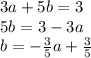 3a + 5b = 3\\5b = 3-3a\\b = - \frac {3} {5} a + \frac {3} {5}