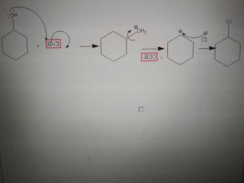 Propose a mechanism for cyclo-hexanol with hcl to chloro-cyclohexane,  include arrows.
