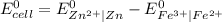 E_{cell}^{0}=E_{Zn^{2+}\mid Zn}^{0}-E_{Fe^{3+}\mid Fe^{2+}}^{0}