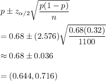 p\pm z_{\alpha/2}\sqrt{\dfrac{p(1-p)}{n}}\\\\=0.68\pm (2.576)\sqrt{\dfrac{0.68(0.32)}{1100}}\\\\\approx0.68\pm0.036\\\\=(0.644,0.716)