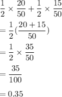 \dfrac{1}{2}\times \dfrac{20}{50}+\dfrac{1}{2}\times \dfrac{15}{50}\\\\=\dfrac{1}{2}(\dfrac{20+15}{50})\\\\=\dfrac{1}{2}\times \dfrac{35}{50}\\\\=\dfrac{35}{100}\\\\=0.35